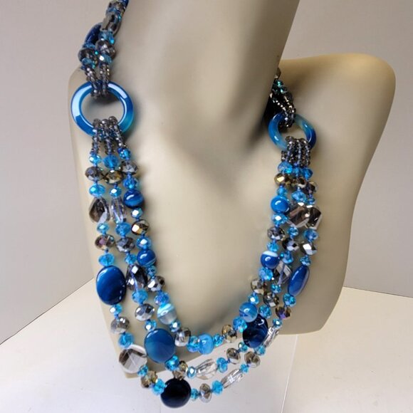Blue Beaded Necklace MultiStrand Blue and Grey Beaded Necklace - Picture 1 of 13